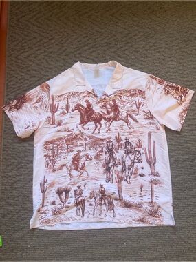 Southwestern Cowboy Scene Button Up Shirt 70s neutral Cactus Horses XL